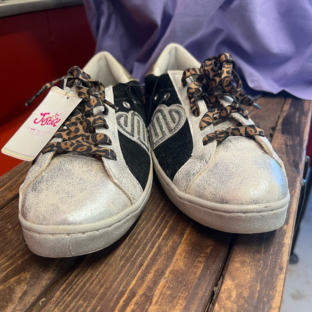 Justice Girls Silver Metallic Sneakers with Leopard Laces
